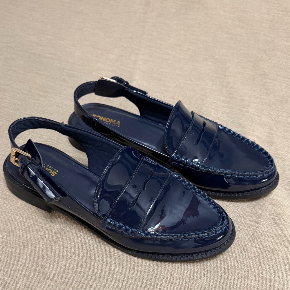 New, Navy Patent Leather Sling back Loafers, Sonoma, Size 9.5